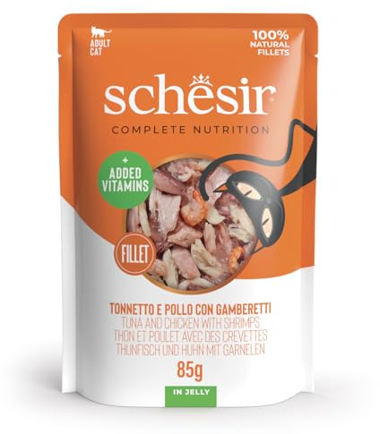 Schesir, Atún y pollo con camarones en gelatina, alimento húmedo completo para gatos, en bolsa, ingredientes 100% naturales, sin crueldad, 12 x 85 g