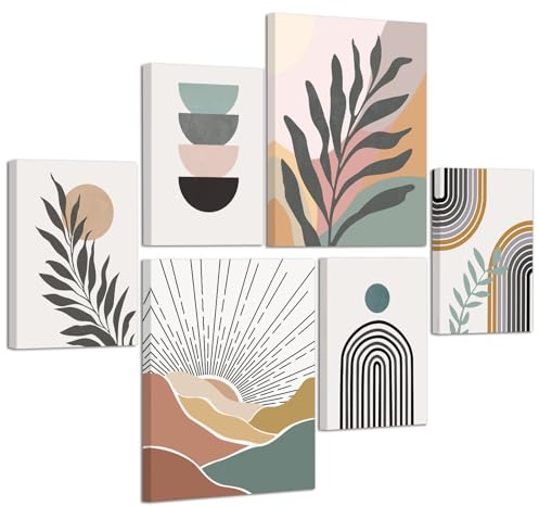 6Pcs Boho Verde Viola Linee Geometriche Quadri Per Camera da Letto Set, Nordico Minimalista Piante Stampe Da Parete Quadro Astratto Poster Quadretti da Parete per Soggiorno Cucina Ufficio Con Cornice