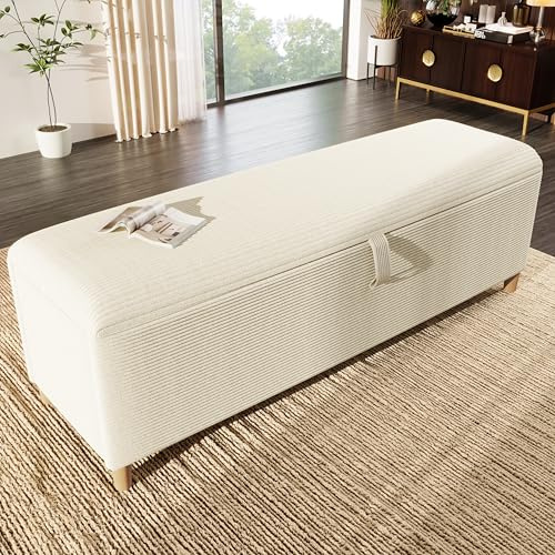 REXO Doppelbett 180×200 cm Heller Eiche, Stauraum‑Kopfteil mit LED, Beiger Cord‑Rückenlehne + Stauraum‑Bettbank. Ohne Matratze. (Beiger Cord-Optik, 175x38cm)