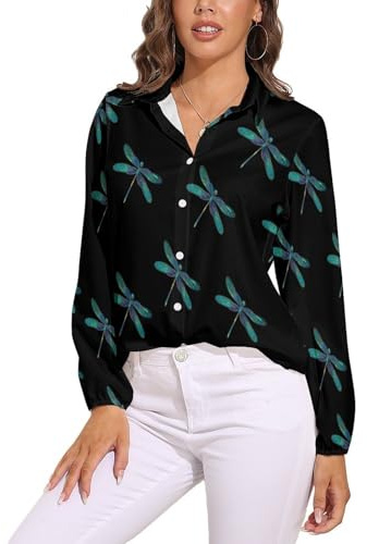 Estampado Libélula Camisa De Manga Larga con Botones para Mujer, Ultrasuave, Elástica, Sin Arrugas, para El Trabajo, Informal, Negocios, Oficina, Estilo Simple Suave, Cómoda, Negro