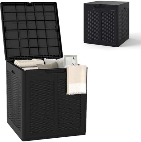 HOMASIS 145L Coffre de Jardin Rangement Imperméable, Boîte Extérieur en PP, Banc de Rangement Verrouillable pour Cour, Bord de Piscine, Terrasse, Charge 80 KG (noir)