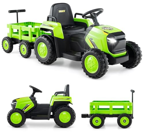COSTWAY Ride on Tractor with Trailer, 12V Electric Kids Toy Car with Remote Control, Horn, Music, USB, LED Headlights, Dual Motors Battery Powered Ride on Toys for 3-8 Years Old (Green)