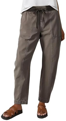 Flamingals Women’s Mid Waist Crop Pants Drawstring Carrot Straight Leg Casual Fashion Trendy Stitch Detail Pants Grey M