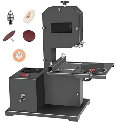 Bänkskiva bandsåg, 800 W, 70 mm skärhöjd, 90 mm hals, för böjda och raka skärningar, lutande metallbord (0-45°), perfekt för små verkstäder