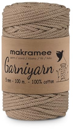 Garniyarn Geflochtene Baumwollkordel 5mm x 100m – Hochwertiges Makramé-Garn für Pflanzenhänger, Webarbeiten, DIY-Projekte & Wohnraumdeko (Latte, 5mm)