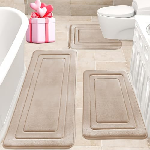 Swsen Beige Badematten Set 3-teilig – rutschfest & Waschbar Badteppich Set aus Coral Fleece, Weiche Hochflor Badezimmermatten für Dusche, Badewanne & WC-Vorleger mit Ausschnitt