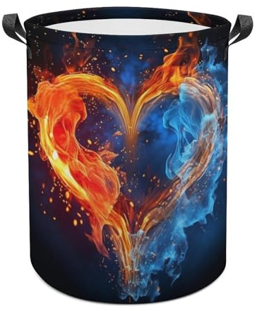 Fire And Water Heart Laundry Basket with Handles, Laundry Hamper with Internal Support, Foldable Waterproof Clothes Hamper 44x35cm for Bedroom, Bathroom, Laundry Room, Living Room