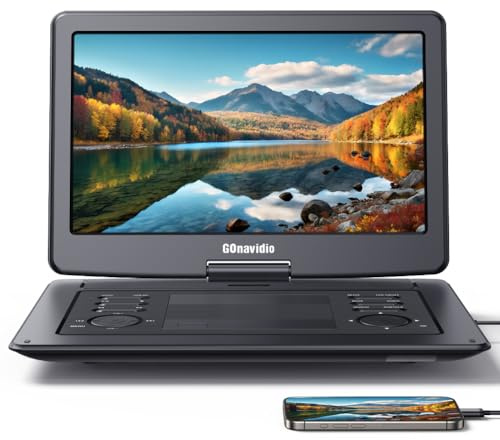 GOnavidio Tragbarer DVD-Player mit 40,6 cm (16 Zoll) großem HD-Bildschirm, 5 Stunden wiederaufladbarer Akku, unterstützt HDMI-Eingang, Synchronisation von TV/Telefon, 1600 x 900, USB-TF-Karte, MP4/MKV