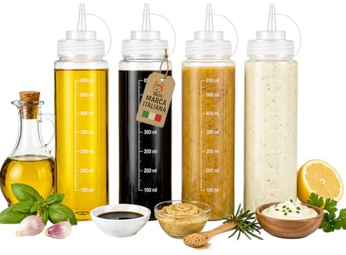 AKITAInk Set 4 Bottiglie Dosatrici Squeeze per Salse, Flaconi in Plastica da 500 ml o 800 ml per Ketchup, Olio e Condimenti (650 ml)
