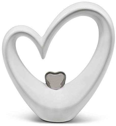 FeinKnick Stilvolles Herz zur Dekoration - modernes Dekoherz 19 cm groß in Weiß & Silber - Deko in Herzform gut als Geschenk geeignet - stilvolles Keramik-Herz