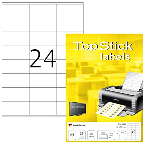 TopStick 8400 Adressetiketten, 800 Blatt, 70 x 36 mm, 24 pro A4 Bogen, 19200 Stück, selbstklebend, bedruckbar, matt, blanko Papier Adressaufkleber Etiketten, weiß