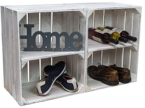 Holzkisten Shabby weiss Schuhablage Schuhständer DIY Upcycling Regalbau Schuhaufbewahrung für Kinder und Erwachsene stabiles Regal in Obstkisten Weinkisten Optik (Shabby weiss Quer, 2er Set)
