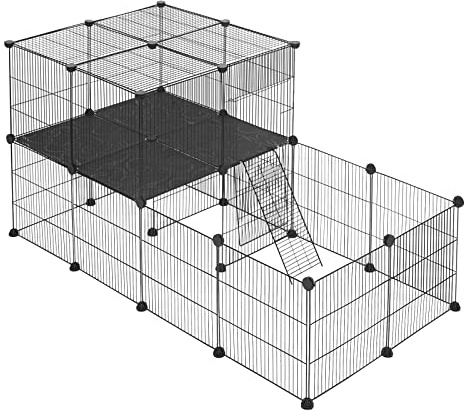 EUGAD Jaula para Animales Pequeños, Parque para Mascotas con Puerta, Valla de Metálica Modulare 30 Paneles, Interior Recinto DIY Parque para Animales Pequeños (35x35cm/panel) Negro 140x70x70cm
