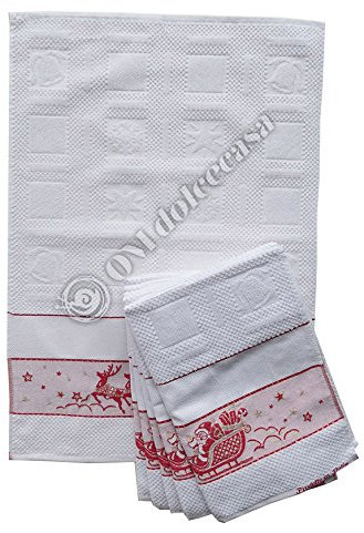Strofinacci Canovacci Natale Set 6 Pezzi 100% Cotone Misura Cm 50x70 Tela Aida Ricamo Hobby Cucito Prodotto Italiano (Babbo Natale Sulla Slitta)