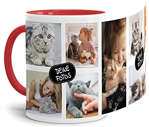 Foto-Tasse zum selbst gestalten mit Foto-Collage für 8 Wunschfotos - Geschenk für Familie, Freunde, Geburtstag, Weihnachten - Keramik Innen & Henkel Rot, 300 ml I Personalisiert
