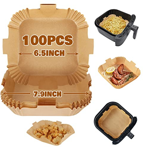 YQL Air Fryer Paper Liners for COSORI 3.8L-6L/COSORI TurboTower Pro, 100pcs Square Airfryer Liners Disposable, 6.5Inch Non Stick Parchment Paper for Philips 2000 Series 4.2L/Ninja&Other Basket 3.5L-6L