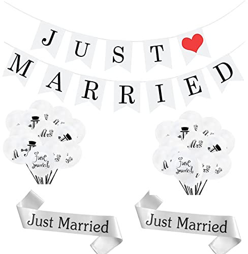 13PCS Just Married Wedding Decorations - Silver Mr&Mrs Balloons, White Latex Balloons, Aluminum Foil Banners