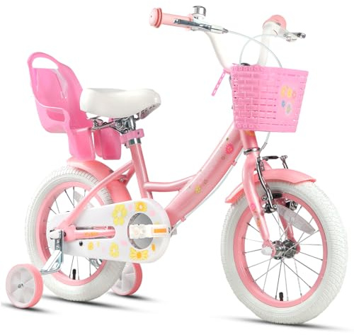 Glerc Maggie 14 Inch Kids Bike for 3 4 5 6 Years Old Little Girls Toddler Bicycles with ith Doll-Seat & Basket & Stabilisers for Gift, Pink & White