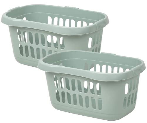 JMS we create Smile (Set of 2) - Plastic Hipster Rectangular Laundry Baskets for Washing Clothes Linen Storage Basket Tidy Organiser for Bathroom, Laundry Room, Kids Nursery (Silver Sage)