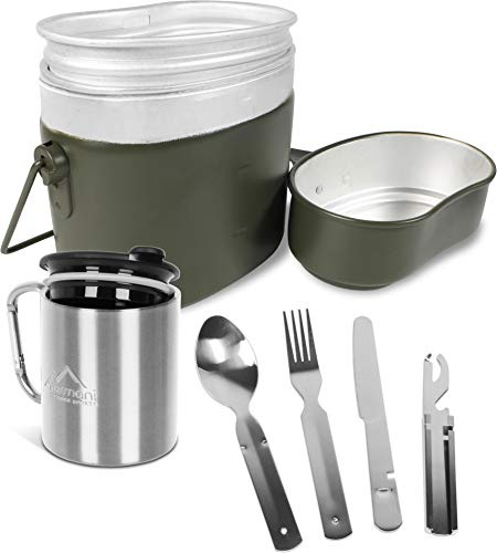 Bundeswehr Essgeschirrset Bund Essbesteckset + Karabinertasse aus rostfreiem Edelstahl mit Trinkdeckel + Aluminium Kochgeschirr nach TL