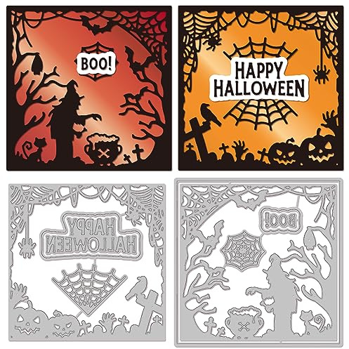 BEUNITONE 6 Stück Halloween-Rahmen-Stanzformen Happy Halloween-Stanzformen Spinnennetz Hexe Kürbis Metall Scrapbooking-Stanzformen Prägevorlagen Schablonen Für DIY-Papierkartenherstellung