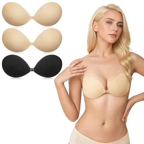 flintronic Push Up Invisible Bra for Women, 3 Pairs Women's Adhesive Bras, Reusable Backless Strapless Sticky Adhesive Bra, Strapless Push Up Bra for Party Wedding Evening Dress Beach