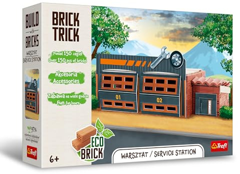 Trefl - Brick Trick, Workshop/Service Station, Baue aus Ziegeln | Für Kinder ab 6 Jahren, ÖKO-Bausteine aus Ziegeln, wiederverwendbar, Kreativset, 100 % natürliche Ziegel, über 150