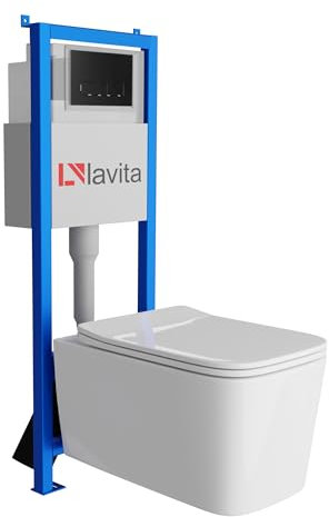 Lavita LAV 101 Vorwandelement für WC 40cm + Wand Hänge Tiefspül WC MURYA Weiß Spülrandlos + Bedienplatte LAV 200.3.4 Schwarz | Komplettset | Unterputz Spülkasten | Toilette Komplett Sett