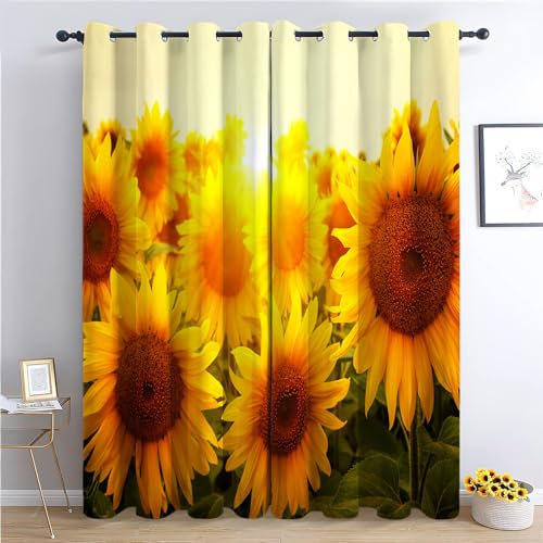 Srigzcaly Sonnenuntergang SonnenblumenblüTen 280x245cm(BxH) -Druck Ösen Gardinen Gelb Wärmegedämmt Blickdichter Vorhang Für Jungen Mädchen Kinder Schlafzimmer Wohnkultur