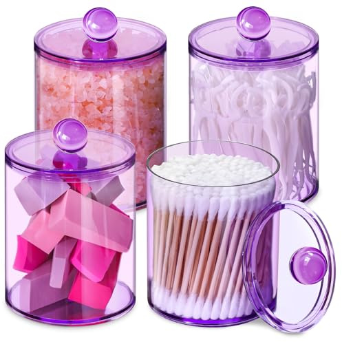 4-pack Qtip hållare, apotekare burkar bomull bollhållare dispenser, badrumsburkar med lock set för bomull runda, bomullspinnar, 295 ml plastbehållare toalett sovrum sminkförvaring (lila)
