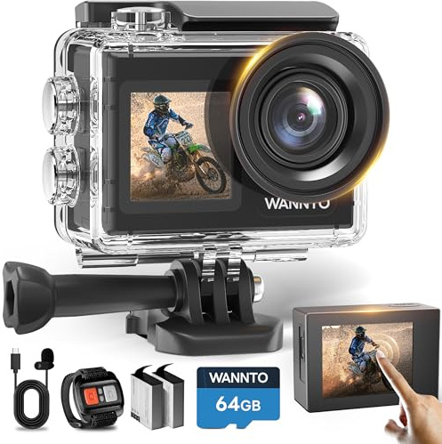 WANNTO Action Camera 5K 24MP Motion 5 Pro, WiFi EIS 170° Wide Angle Dual Screen 40M Waterproof Underwater Camera for Snorkeling, with External Microphone, Remote Control (with 64GB MicroSD Card)