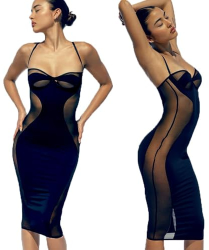 OhMill Sexy Dress for Women Sexy Black Dresses Tight See Through Mesh Lace Transparent Dress Long Bodycon Dresses