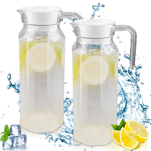 2 Brocche in Acrilico Con Coperchio, 1,1 Litri, per Succhi di Frutta, Bibite, Latte, Tè Freddo, Limonata