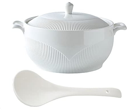MELY Ceramic Tureen Soup,White Tureen with 2 Handles, Tureens Bowls with Lid Ceramic Spoon Porcelain Microwave Japanese Style Kitchen