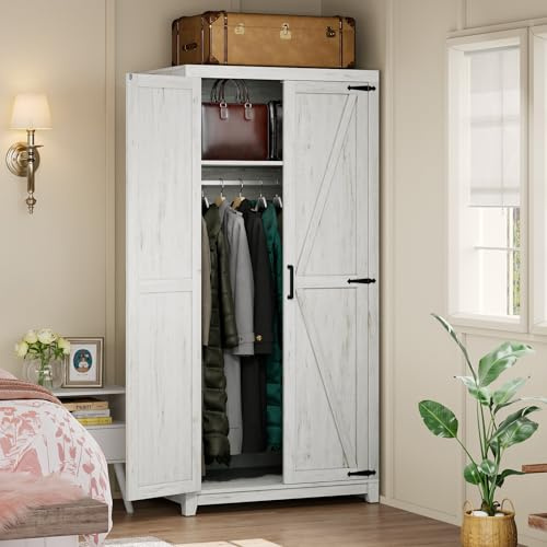 LUXOAK 70 Large Armoire Wardrobe Closet with Hanging Rod, Farmhouse Clothing Storage Cabinet with 2 Barn Doors, Wooden Tall Bedroom Armoires with Shelf, Distressed White