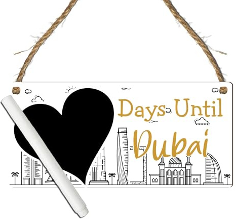 Personalised 'Days Until Dubai' Countdown Plaque - Unique Holiday Preparation Sign with Heart Chalkboard - Travel Countdown Board (Black, Gold & White, With Pen, Small: 19 cm (H) × 9 cm (W))
