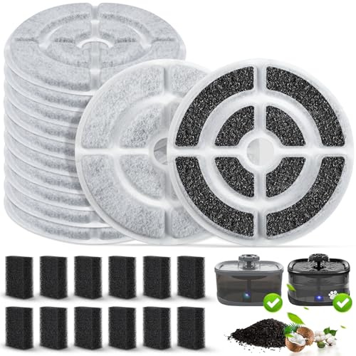 12 Pack 7 Activated Carbon Filters for SIBAYS 2.5GAL/9.5L Dog Water Fountain, 18cm Large Size Filters and Sponges for Kastty 9L Large Dog Water Fountains, 12 Pack Filters + 12 Pack Sponges