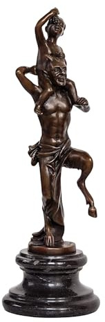 Statua di Fauno con Bacco in vero bronzo su marmo naturale, 29,5 cm