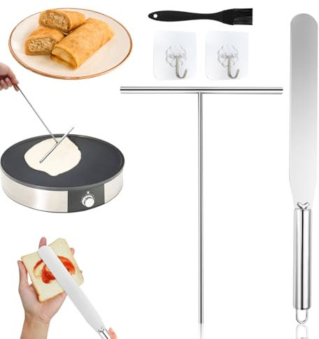 2 Piezas Esparcidor de Crepes, Esparcidor de Crepes y Espátulas de Acero Inoxidable con 1 Cepillo de Silicona + 2 Ganchos, Distribuidor de Masa para Crepes, Tortitas