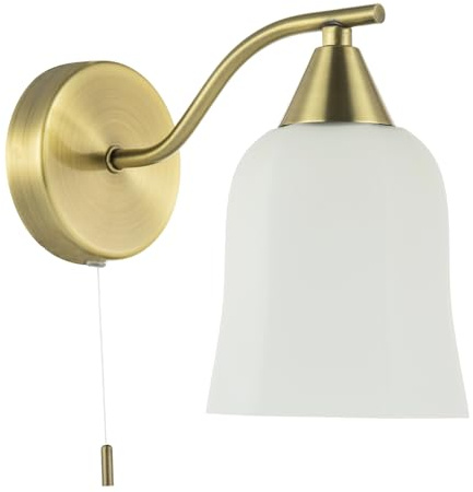 Happy Homewares Traditional Pull Switched Downlighter Wall Light Fitting in Antique Brass with Opal White Glass Shade | 1 x 7w E14 | 19cm x 20cm x 12cm