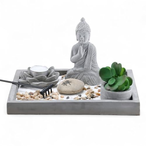MIJOMA Figurine de Bouddha sur plaque en béton avec photophore, balayette, pierres décoratives et sable – Ensemble jardin zen – Décoration spirituelle pour la paix intérieure et l'harmonie