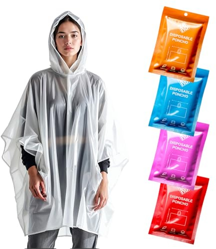 ZENO Poncho Pluie Imperméable Jetable - Cape de Pluie Femme Homme - Poncho Transparent avec Capuche - Imperméable pour Festival Vélo Randonée - Pack de 4 - Édition Mix de Couleurs