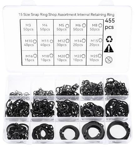 455 Piezas Juego de Anillos de Retención, Set de Anillos E-Clip y C-Clip, Arandelas de Seguridad Internas/Externas, Juego Completo de Anillos Seeger y Spirolox para Ejes y Maquinaria