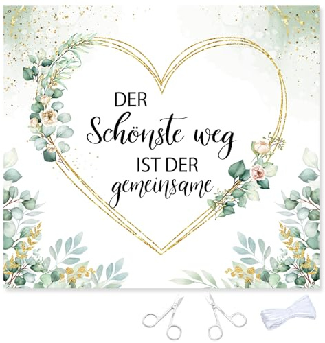 Hochzeitslaken zum Ausschneiden 200x180cm, Bettlaken Herz Hochzeit Spiele | inklusive zwei Scheren & Seil, robustes Polyester-Gewebe, florales Goldpunkte-Design, Standesamt-Deko, Ösen-Befestigung