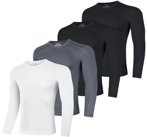 AMZSPORT Maglia Compressione Uomo Maglia Termica Manica Lunga Maglietta Palestra Compression Shirt Ciclismo Running Sportiva, Confezione da 4 Nero Bianco Grigio M