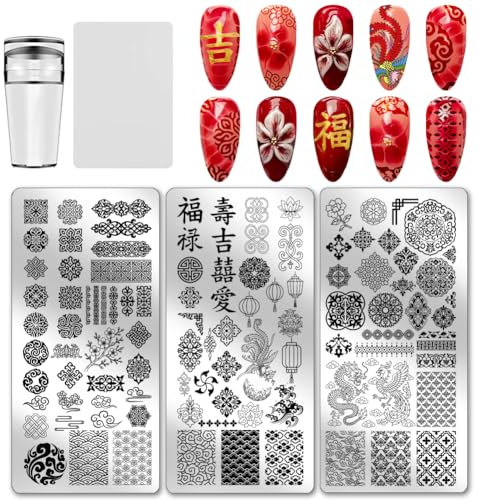 PH PandaHall 3pcs Asian Styles Nail Stamping Plates Dragon Phoenix Patterns Nails Art Stencils Lucky Words Nails Art Templates Flower Texture Nail Image Plate for New Year Manicures Salon Design
