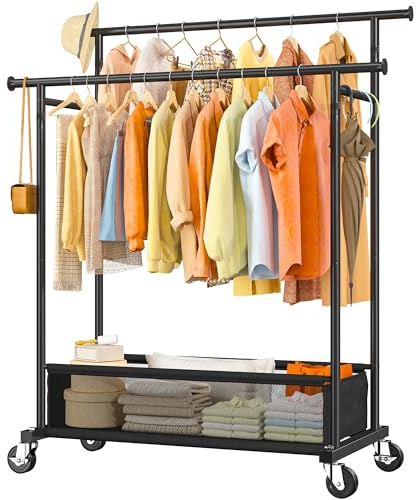 Cliporix 110cm Heavy Duty Clothes Rail with Lockable Wheels & Storage Basket, Double Hanging Clothes Rack for Small Spaces, Bedroom, Laundry, Students, Renters, 45D x 110W x 160H cm, Black