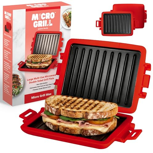Micro Grill MAX™ Microwave Sandwich Maker, Microwave Grill, Toaster, 3 Minute Grilled Cheese Sandwich Maker, Thick Silicone Cover, Safe Food Grade, Crispy, Panini Press, Dishwasher Safe (Red, Large)