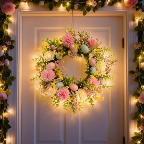 Frühlingsdeko Kranz Haustür mit LED Licht, Frühlingskranz Beleuchtet Türkranz mit Blumen, Frühling Künstliche Türkranz Osterdeko Blumenkranz LED Osterkranz Wandkranz für Frühlingsdeko Fensterdeko (B)