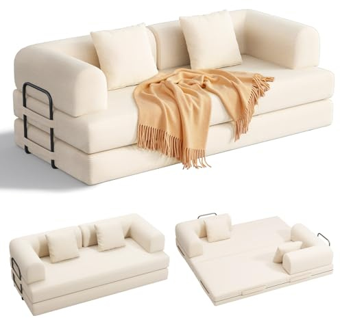 Xbro Schlafsofa 200 cm, 5-in-1 Bodensofa klappbar, Sofa Bett ohne Gestell mit Armlehnen & 2 Kissen, Cord Stoff, wandelbares Klappsofa für Wohnzimmer Schlafzimmer Gästezimmer, 200x100x61 cm, Beige